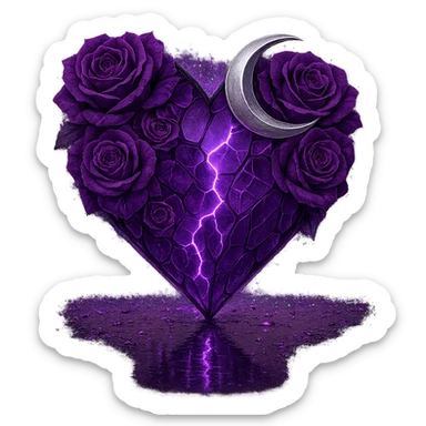 Edit the gothic heart to be formed from splintered deep purple glass, a silver crescent moon, purple roses, sparkling holographic stardust, neon lightning, and a wet, reflective surface. Keep the background transparent. The style should reflect a detailed and vibrant gothic aesthetic with emphasis on the glass texture and reflective wet surface. sticker