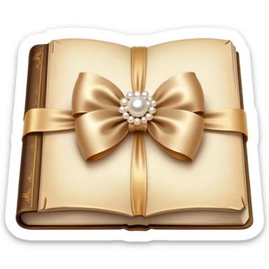 A silky champagne-colored bow resting atop an aged book with golden-brown pages, surrounded by scattered pearls.
 sticker