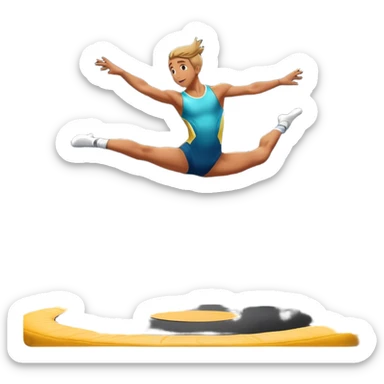 An athletic person soaring high above a trampoline, executing an acrobatic flip with perfect form. The scene captures motion and energy, with a dynamic pose, stretched limbs, and a focused expression. The background suggests a professional trampoline arena with safety padding. sticker