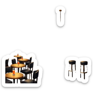 inside of a jazz nightclub, stage with microphone, dim lighting, small tables, cozy atmosphere sticker