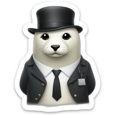 White seal naked just wearing tie and small black hat and with briefcase sticker