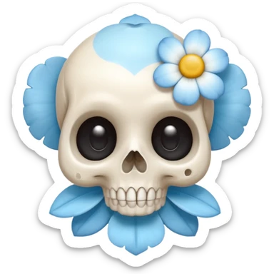 super cute skull holding a tiny flower, big eyes, soft pastel blue and white colors, smiling sticker