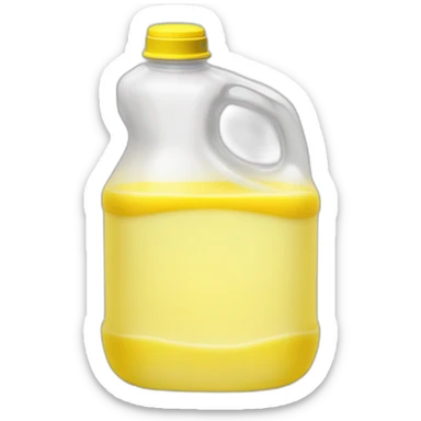 gallon clear plastic american milk jug halfway with yellow liquid, lemonaid sticker