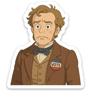 confused face with 1840s American clothing, subtle historical details, election theme sticker