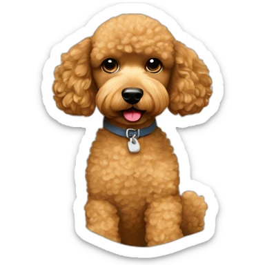 Light brown poodle seated and wearing a t-shirt with Eddie Vedde’s face printed sticker