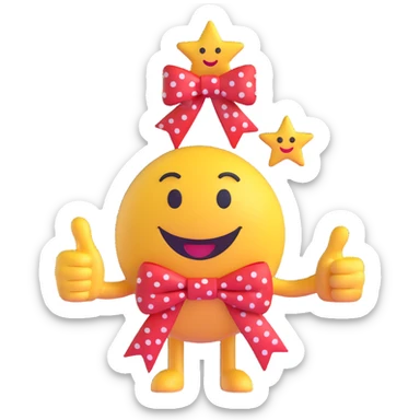 3D smiley emoji with big eyelashes, red polka dot bow, thumbs up with star and musical note sticker