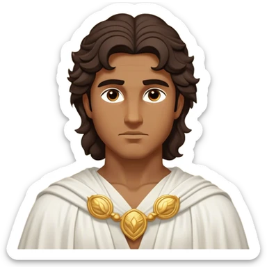 Cinematic Realistic Hercules Portrait, depicted as a classical Greek hero inspired by the Disney version yet echoing the refined proportions and serene dignity of Michelangelo's David. His idealized, sun-kissed bronze skin glows with timeless strength, and his thick, wavy dark hair falls in natural, sculpted curls. Draped in a flowing white robe with delicate golden accents, his expressive eyes radiate determined nobility, all rendered under dynamic natural lighting with a mythic, radiant glow. sticker