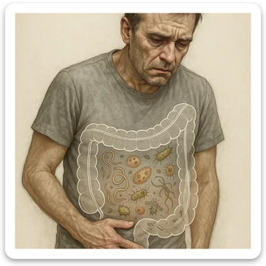 Realistic style with medical elements of a middle-aged man, tired and tense face, hand on lower abdomen, sunken eyes, dull skin. Transparent illustrations on the abdomen of parasites and bacteria in imbalance, schematic intestine as in a medical study. sticker