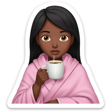 Mujer de piel morena y cabello negro envuelta en una manta rosa claro tomando un café  sticker