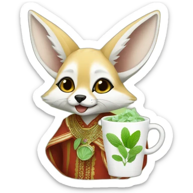 Algerian fennec wearing algerian clothes holding cup of mint tea sticker
