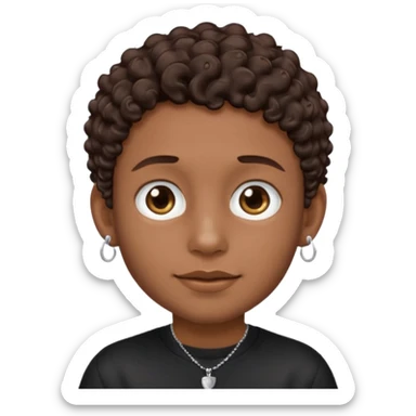 a boy emoji with a milk chocolate skin color, short dark brown curly hair with 2 silver stud earrings on both ears and 2 slits on each eyebrow and is wearing a black shirt with a silver necklace  sticker