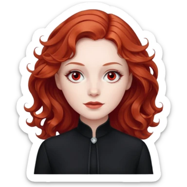 Julia Grant from Summer of Fear with medium red wavy hair, black outfit, white and red eyes sticker