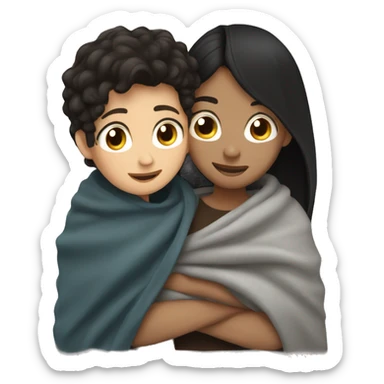 Boy whit brown hair cuddling with girl with black hair Under blanket  sticker