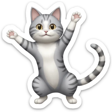 grey and white cat doing a big long stretch reaching up into the air with arms and legs side by side together sticker