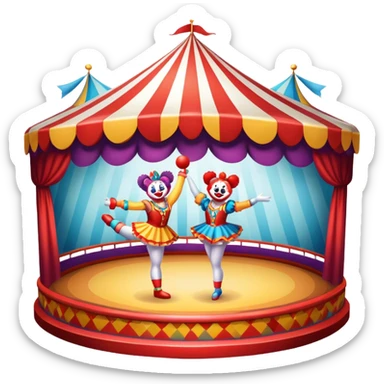 Icon for Circus Arts: a grand vibrant circus arena with girls acrobats, a clown, and performing bears. The icon should capture the excitement and energy of the circus, with colorful costumes and a lively atmosphere. Transparent background. sticker