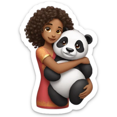 indian girl with curly hair hugging panda sticker