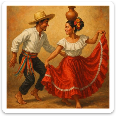 folkloric dancers: barefoot man with straw hat, white shirt, black pants, color striped sash, dancing with barefoot woman in red folk skirt, white blouse, updo hair, flower headdress, balancing pottery vase on her head sticker
