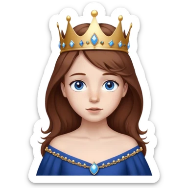 a young chesnut brown haired girl with blue eyes, freckles and a dark blue gown. crown on top of head. sticker