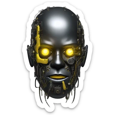 black metal cyborg head with circuitry, one artificial eyeball, and yellow Mohawk goatee sticker