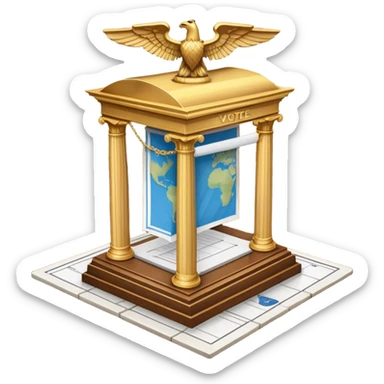 An icon featuring a ballot box with a voting paper, a government building with columns, and a scale of justice, symbolizing political science. The design includes a world map in the background, representing global political systems. Transparent background highlights governance and civic studies. sticker