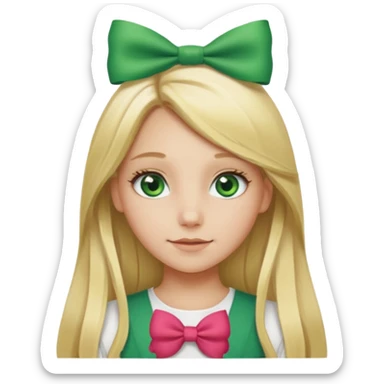 blonde girl long hair middle part, green eyes,at with a bow with text saying "engoy" sticker