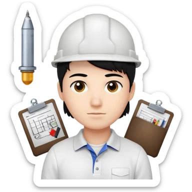 engineer wearing white polo, black hair with site/eng materials on the bg sticker