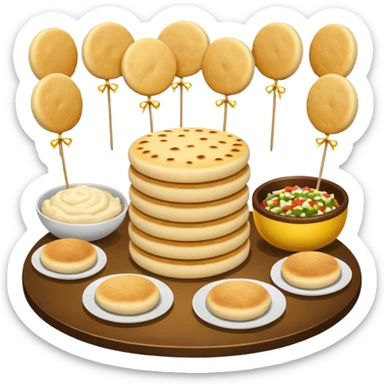 party table decorated all over with colombian arepas,  sticker