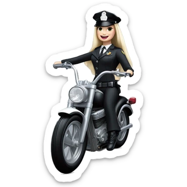 Good Time Barbie, Wednesday Addams from academy in vertically-striped dark-gray and black London police officer’s uniform with hat. Leaning back at the hips, riding a wheelie on a hot rod bike smiling  sticker