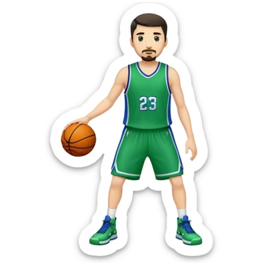 Full Body  white male basketball player with short dark hair and gold tee beard wearing blue and green uniform sticker