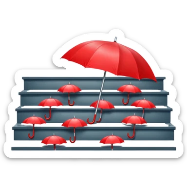 Red umbrella on stair railing, Lost Umbrellas. sticker