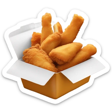 Fried chicken fingers with toast and fries in a styrofoam container sticker