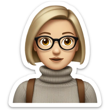 White girl in a turtleneck with brown bob, round brown glasses, and blue eyes sticker