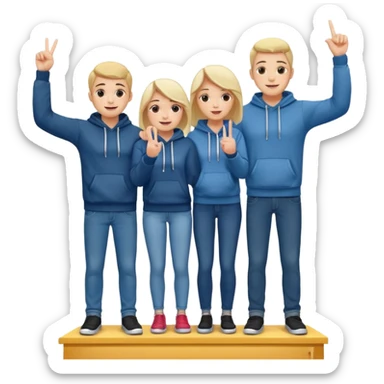 three people in jeans and hoodies on a winners’ podium with no numbers, center person holds up one finger on each hand, bright cheerful expressive emoji illustration sticker