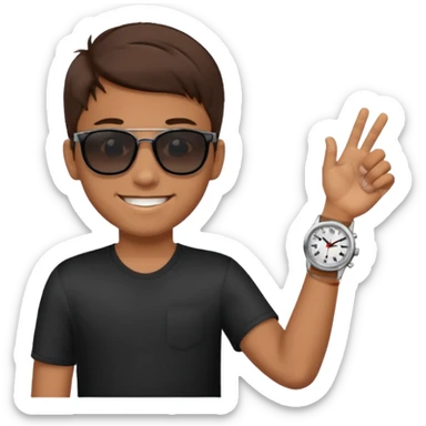 Un niño con pelo lacio color castaño,con lentes de sol negros y un reloj en la mano sticker