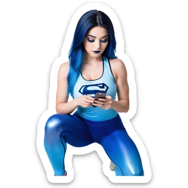 Shameful-head tilted-texting on phone-very very very large upper body-sexy face-bending forward at waist-very long very straight dark blue to light blue ombre hair-and-blue eyes-thick black eyeliner-thick long eyelashes-iridescent blue lowcut tanktop with black leggings with glitter superman logo sticker
