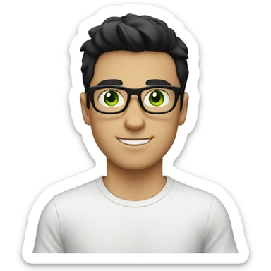 A white boy with black glasses with black hair wearing a white T-shirt with green eyes sticker