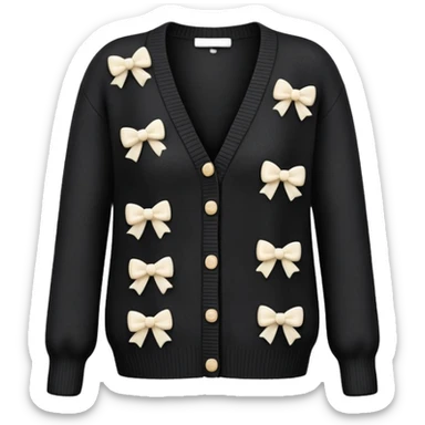 black cardigan with 8 tiny ivory bows all over front and sleeves, realistic 3d isolated, soft texture sticker