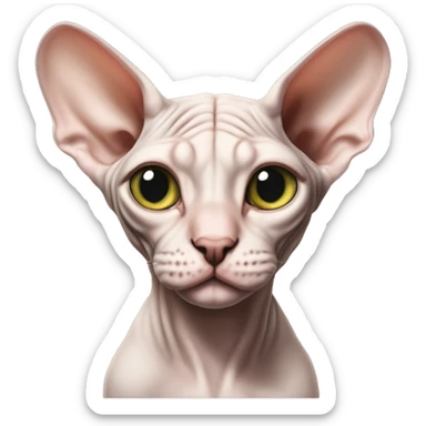   “Realistická hnedo-sivá Sphynx mačka s nahou kožou, s výrazom naštvania, svetlo zelené prenikavé oči, veľmi detailné, výrazné a emocionálne.” sticker