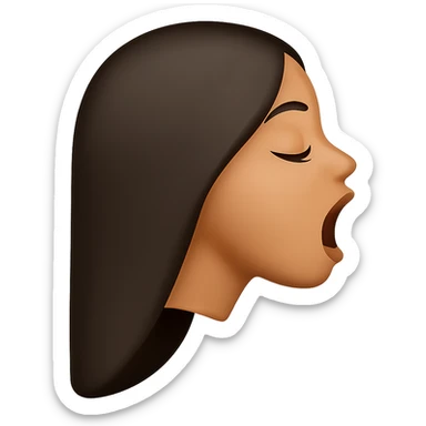 Create a side view (profile) of this woman's head in the normal iPhone emoji style, with closed eyes, long eyelashes, mouth open wide, smooth shading, no outlines, long dark hair, and lips clearly visible. Variant 2. sticker