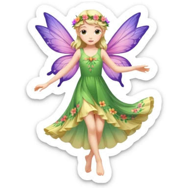 A flower fairy girl, slender in figure, with wings, her entire body slightly tilted, one leg straight, one leg bent, one hand raised, the other lowered. sticker