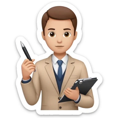 a person holding a checklist and pen, wearing smart casual clothing. The character is in a focused pose sticker