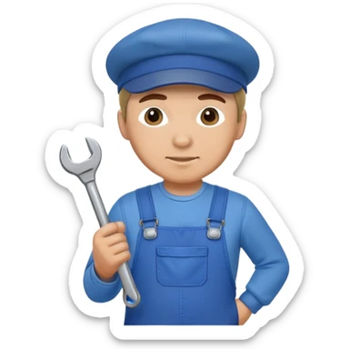 Russian male factory worker wearing overalls and a flat cap holding a wrench sticker