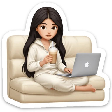 Kylie Jenner with her sexy face and long hair, make it 1 tone lighter,sitting learning on macbook watching the screen the laptop, she wears a white Skims pajama and she's drinking 1 tasty iced latte with a straw and sitting on a white beige fluffy sofa sticker