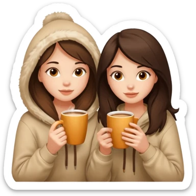 2 brunette girls sitting cozily in a beige fur hoodie sipping coffee sticker