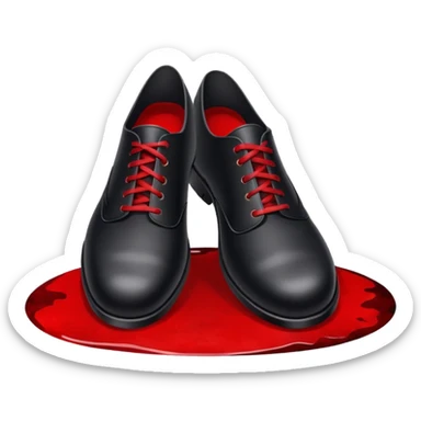 Minimalist emoji-style sticker of two black shoes standing on a red carpet that fades into a bloodstain. Flat, frontal design, simple icon composition. sticker