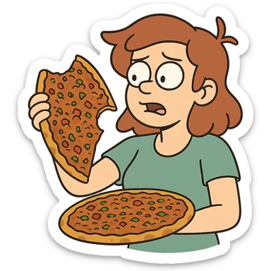 cartoon-style lahmacun with a slice missing, showing the toppings and crispy edge sticker