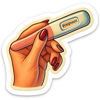 A positive pregnancy test held in a neat feminine hand with manicure, in retro stickers style, featuring soft rounded shapes, expressive contours, vintage color palette, light paper texture, shadows and highlights, transparent background. sticker