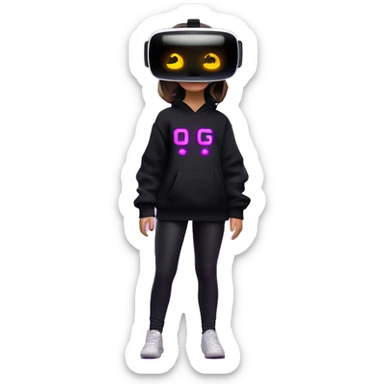 Russian girl wearing black hoody with violet letters "OMG", in vr headset oculus quest2. Standing like jedi. Cyberpunk style. Violet neon. sticker