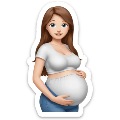 White girl, 18, long brown hair, blue eyes, white crop top, jeans, huge pregnant belly, big boobs, side view, skinny, bare midriff, smiling sticker
