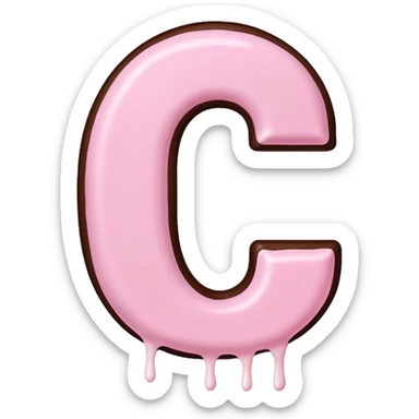 “Single pink bubble letter c, white outline, bottom dipped in chocolate with pink frosting drizzle, kawaii style, glossy, soft shading, clean outline, transparent background, Discord emoji size” sticker
